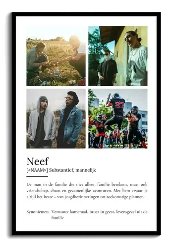 Ontwerp je persoonlijke neef-definitieposter met eigen foto's