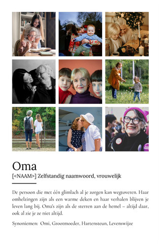 Maak een persoonlijke "Oma" poster met foto & Duden-stijl tekst als cadeau.