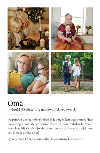 Maak een persoonlijke "Oma" poster met foto & Duden-stijl tekst als cadeau.