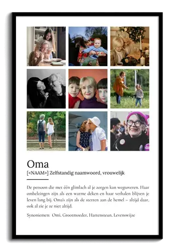 Maak een persoonlijke "Oma" poster met foto & Duden-stijl tekst als cadeau.