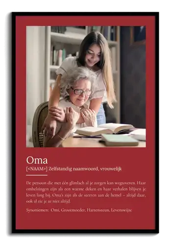 Maak een persoonlijke "Oma" poster met foto & Duden-stijl tekst als cadeau.