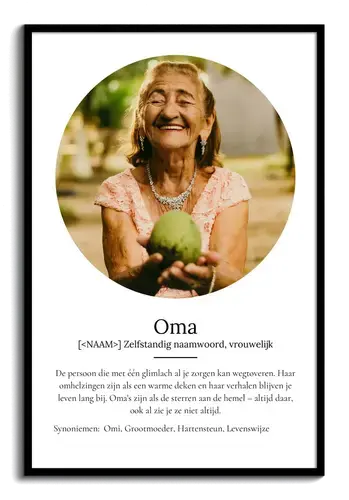Maak een persoonlijke "Oma" poster met foto & Duden-stijl tekst als cadeau.