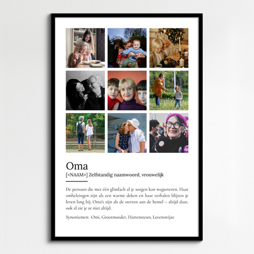 Maak een persoonlijke "Oma" poster met foto & Duden-stijl tekst als cadeau.