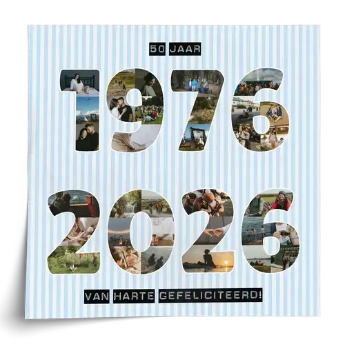 Geboortejaar en verjaardag als fotocollage met cijfers en tekst