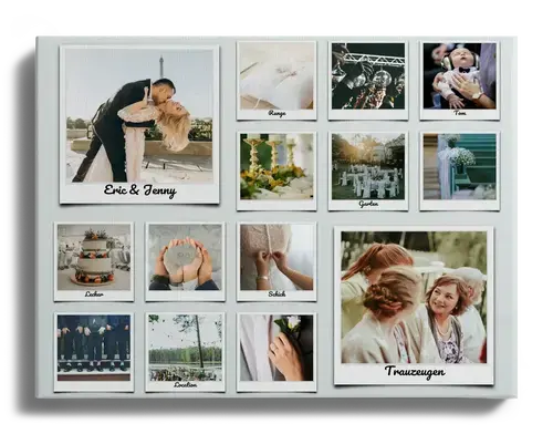 Fotocollage creatief idee voor huwelijk met gelabelde polaroids