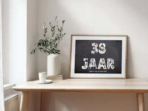 Fotoposter 38 jaar collage met pensioenwens