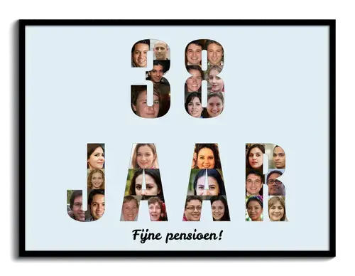 Fotogeschenk voor pensioen tekst en cijfers collage