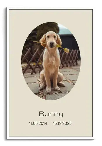 Gedenkcollage hond – ovaal portret met naam & data