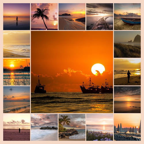Maak je landschaps-fotocollage: strand, zonsondergang, meren & bergen – premium print