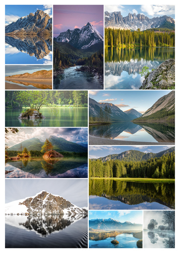 Maak je landschaps-fotocollage: strand, zonsondergang, meren & bergen – premium print