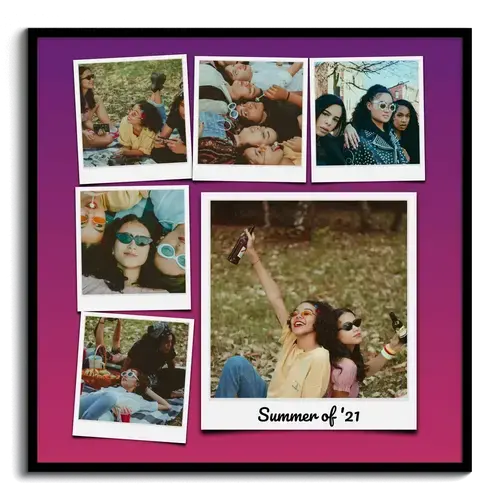 Creëer jouw unieke retro-fotocollage met Polaroid-stijl en kleurrijke achtergrond!
