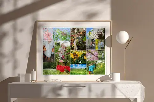 Lente-fotocollage met bloemen en eigen tekst