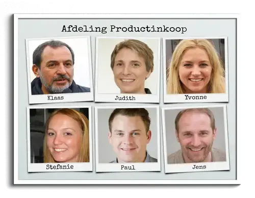 Fotos van medewerkers als team of afdelingsfoto met tekst