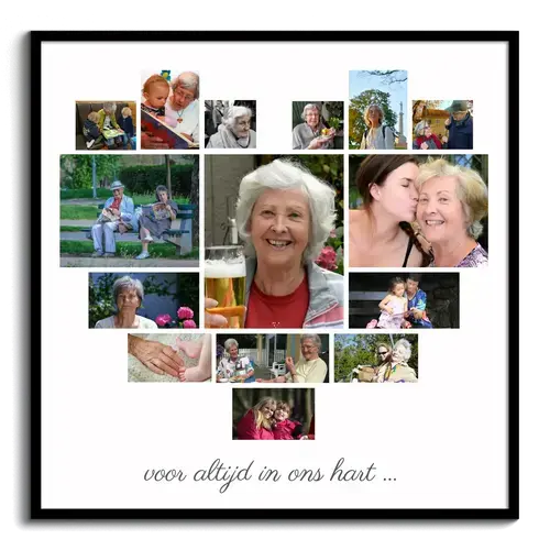 Herdenk je geliefde met onze hartvormige fotocollage: "voor altijd in ons hart"