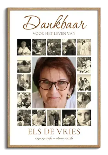 Staande rouwcollage met portret en 16 foto's