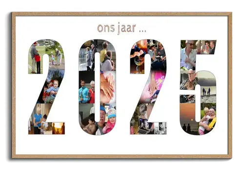 Jaarcijfer als fotocollage met veel fotos en herinneringen