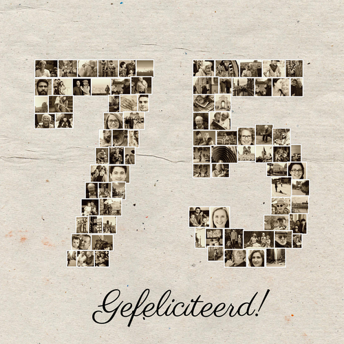 Vier de 75e verjaardag met een gepersonaliseerde collage in sepia-stijl