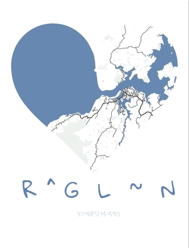 Stadskaartposter in staand formaat met een hartvormige kaart in blauw en wit en persoonlijke coördinaten