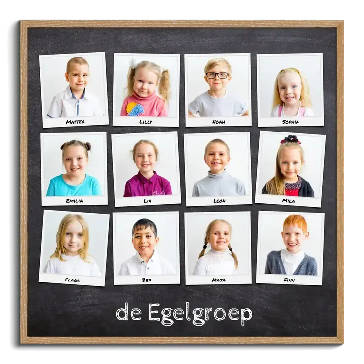 Fotocollage afscheidscadeau kleuterschool groepsfoto polaroid met kindernamen