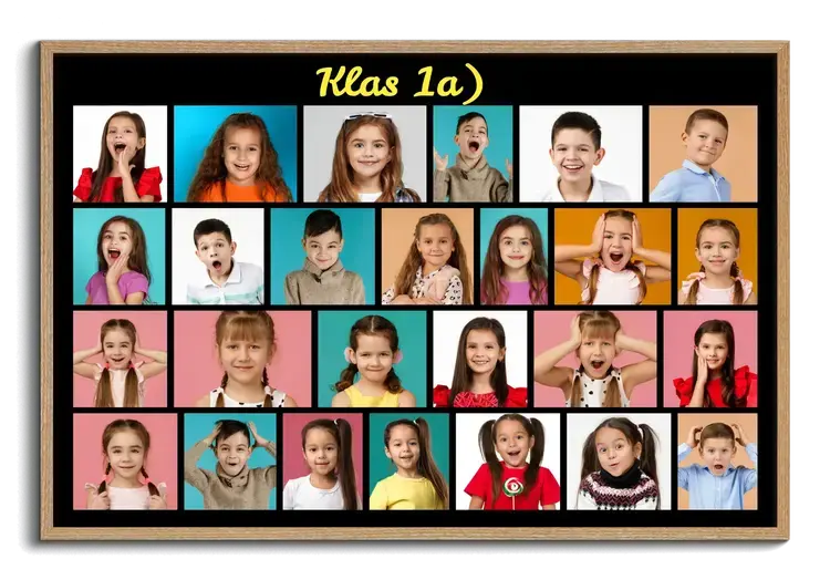 Klassenfoto als fotocollage maken met leerlingenfotos en persoonlijke tekst
