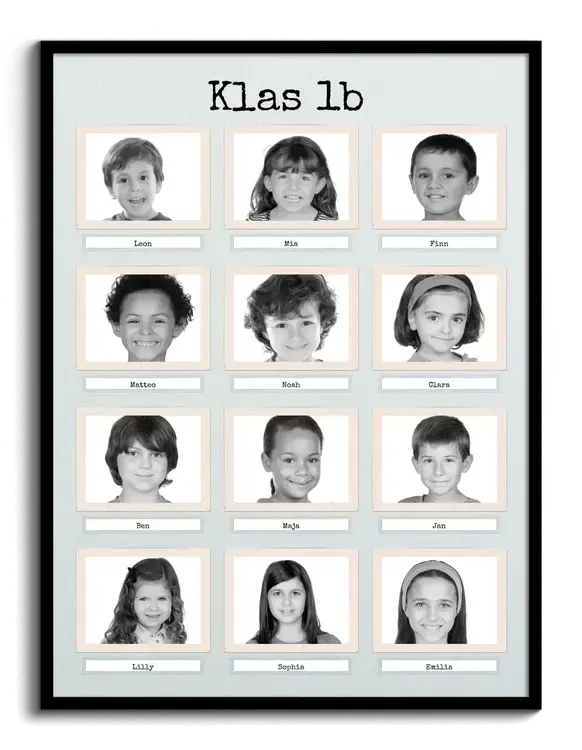 Fotos van alle leerlingen van een klas met namen gelabeld als collage eenvoudig gemaakt