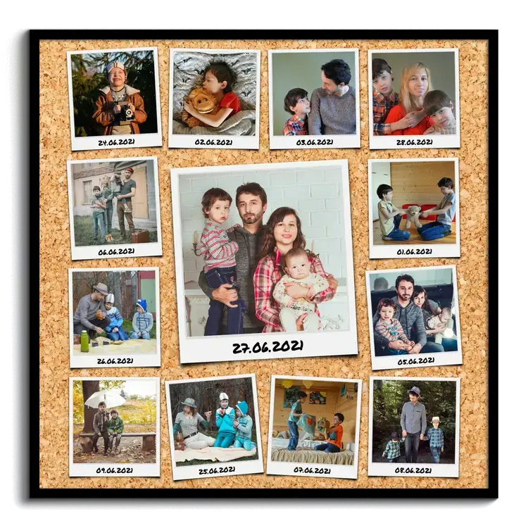 Creatieve collage met opgeschreven Polaroid fotos op klembord