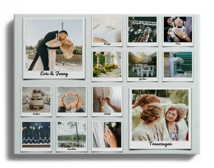 Fotocollage creatief idee voor huwelijk met gelabelde polaroids
