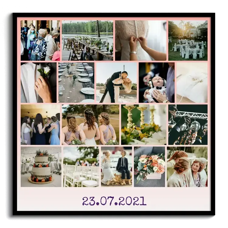 Fotos van bruiloft als fotocollage met datum als tekst