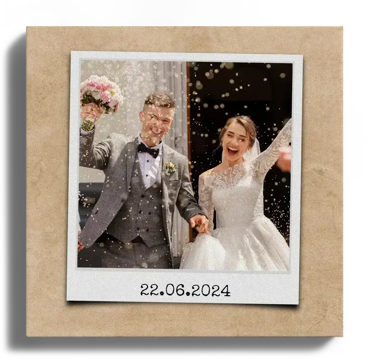 Huwelijksfoto in Polaroid-stijl met datum