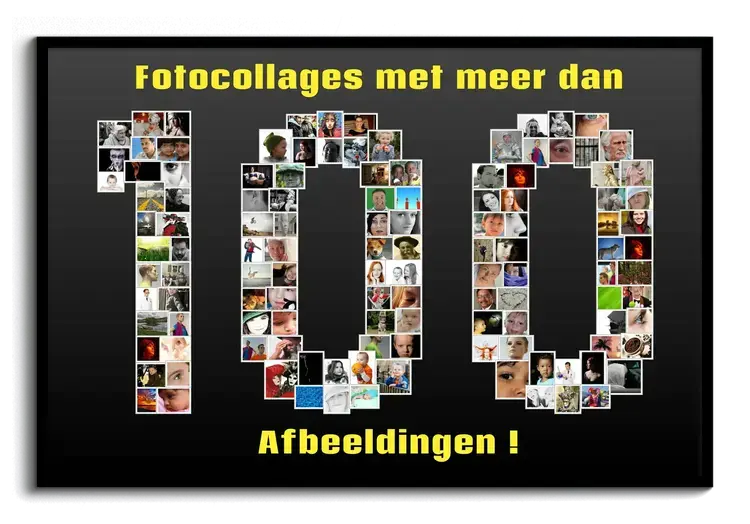 Fotocollage in de vorm van het getal 100 met heel veel foto's op een donkere achtergrond, in een zwarte lijst