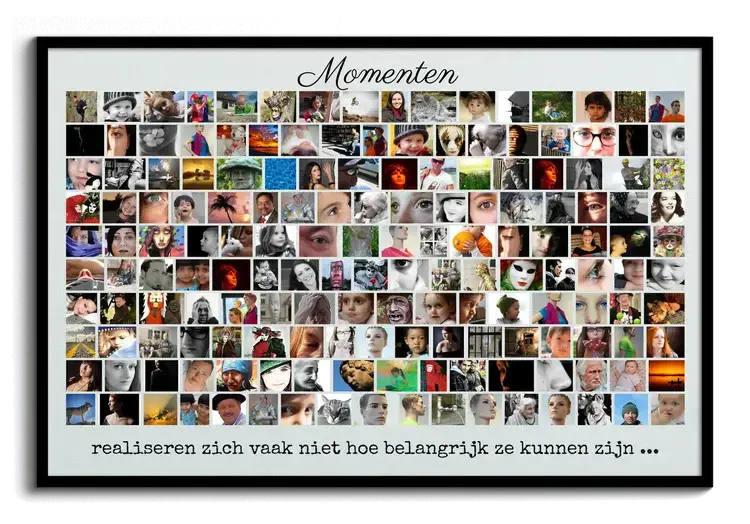 Fotocollage met veel foto's in rijen en een persoonlijke tekst, in een zwarte lijst op een donkere achtergrond