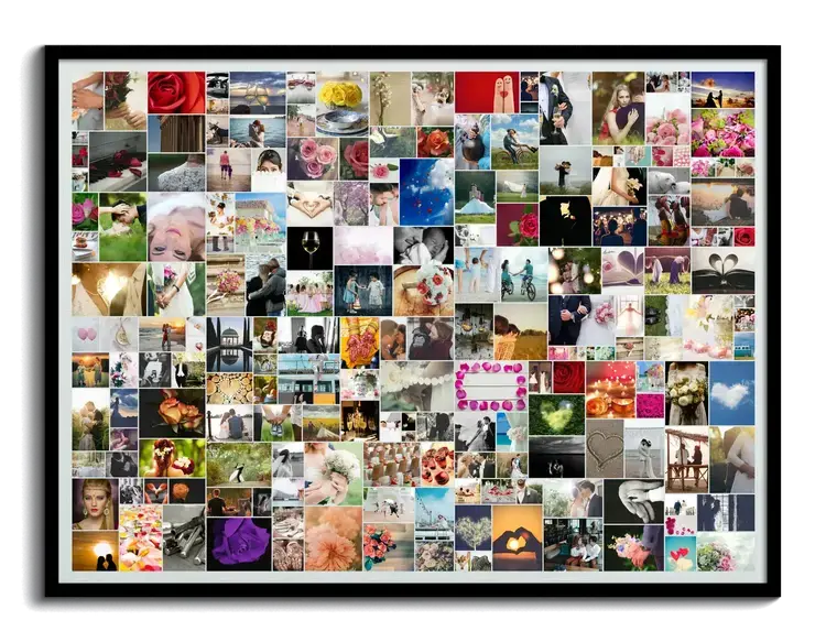 Fotocollage met veel foto's in een zwarte lijst als persoonlijk huwelijkscadeau
