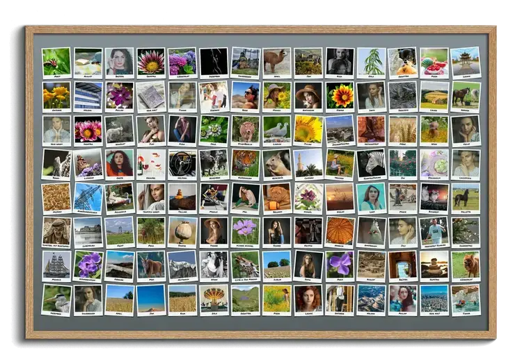 Fotocollage met ruim 100 foto's in polaroidstijl in een houten lijst, een persoonlijk cadeau voor reisliefhebbers