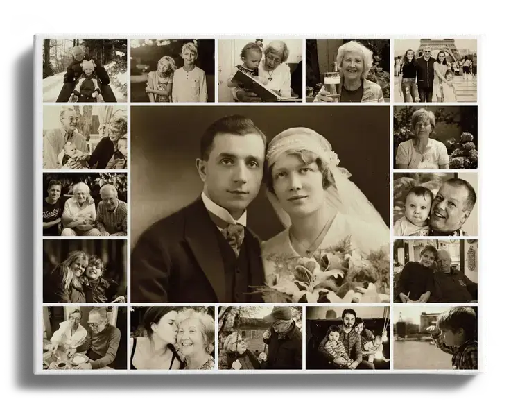 Familiefoto als fotocollage met sepia effect groot beeld in midden
