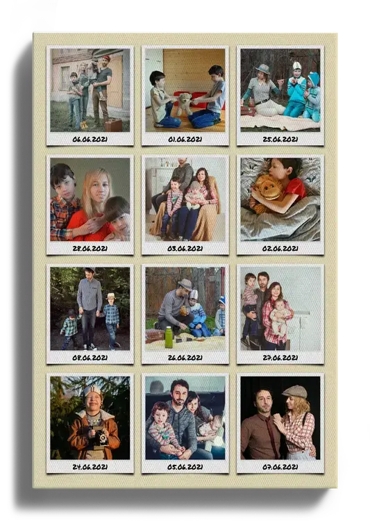 Fotocollage als raster met gelabelde Polaroid fotos van de vakantiefotos